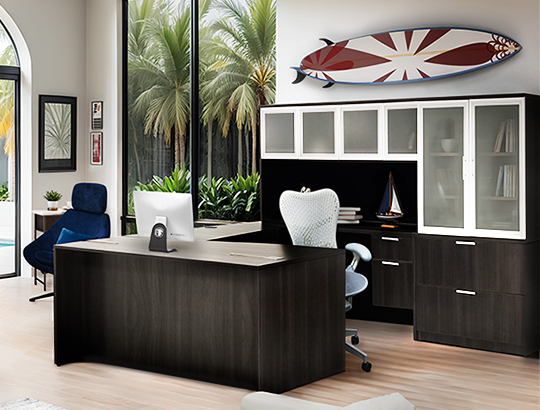 Modern private office with dark wood L-shaped desk, light blue ergonomic office chair, dark wood storage units with frosted glass doors, and large windows with tropical view.