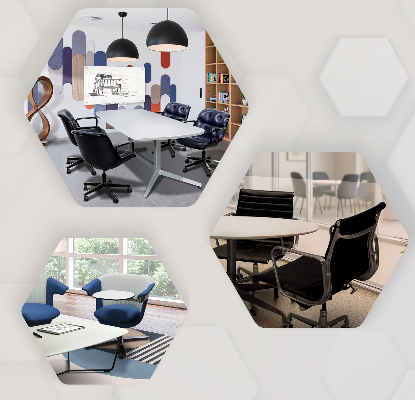 Used Herman Miller Eames chairs and conference table. Sustainable office furniture at National Office Interiors and Liquidators.